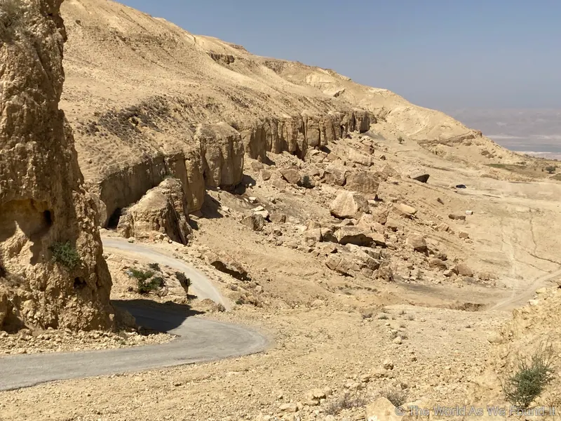 Winding mountain road above Wadi Bin Hammad in Jordan