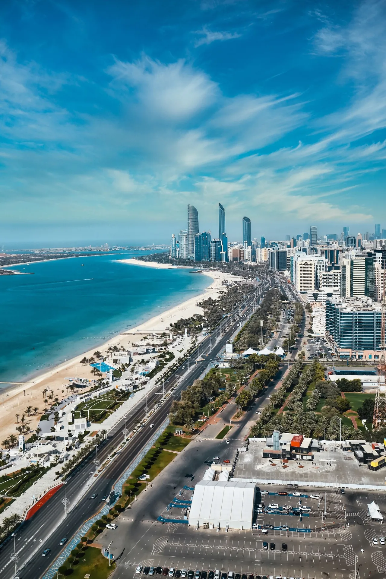 Abu Dhabi Corniche beach and coastal road beside the Gulf