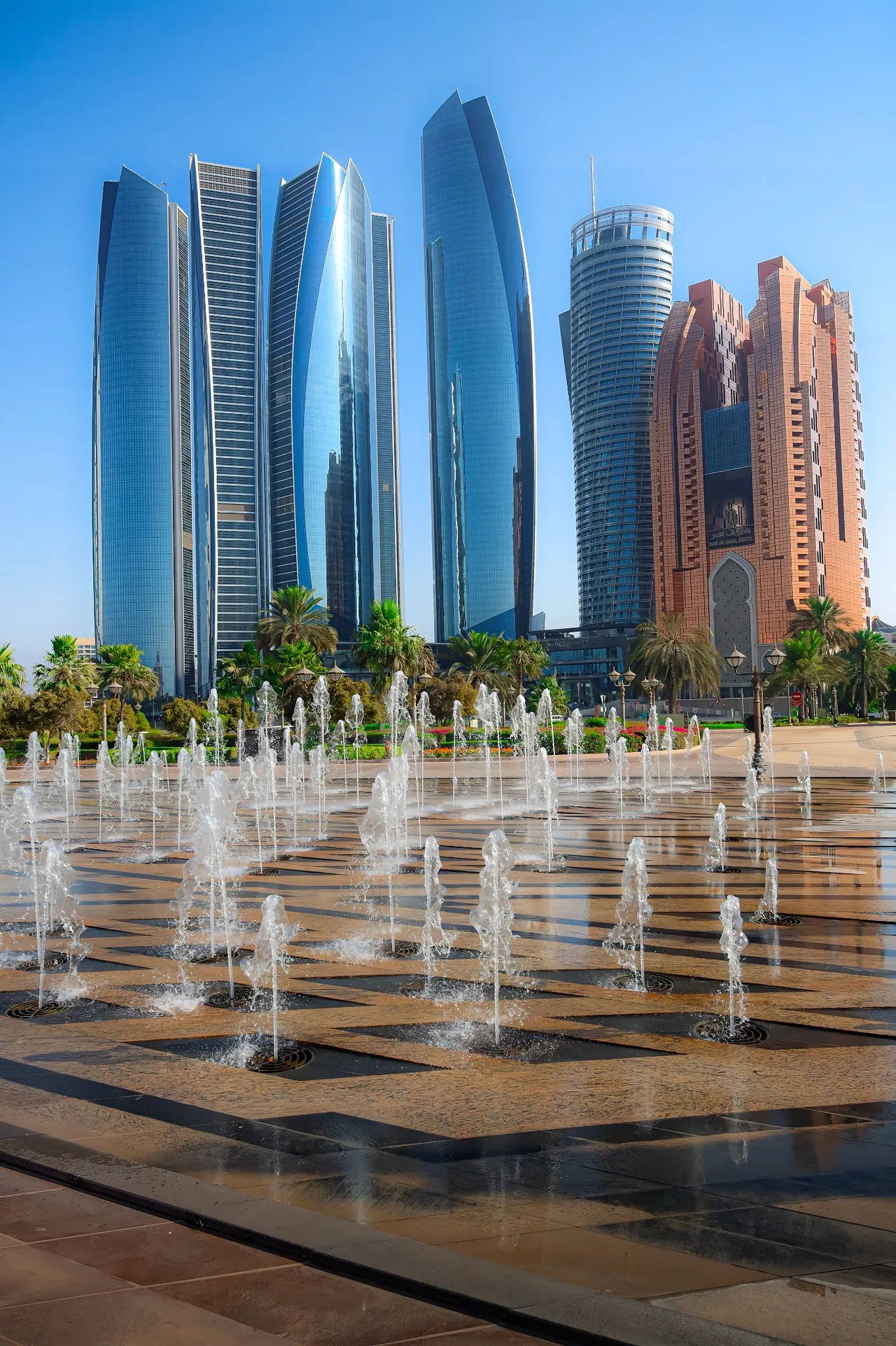 Fountains in front of Etihad Towers in Abu Dhabi