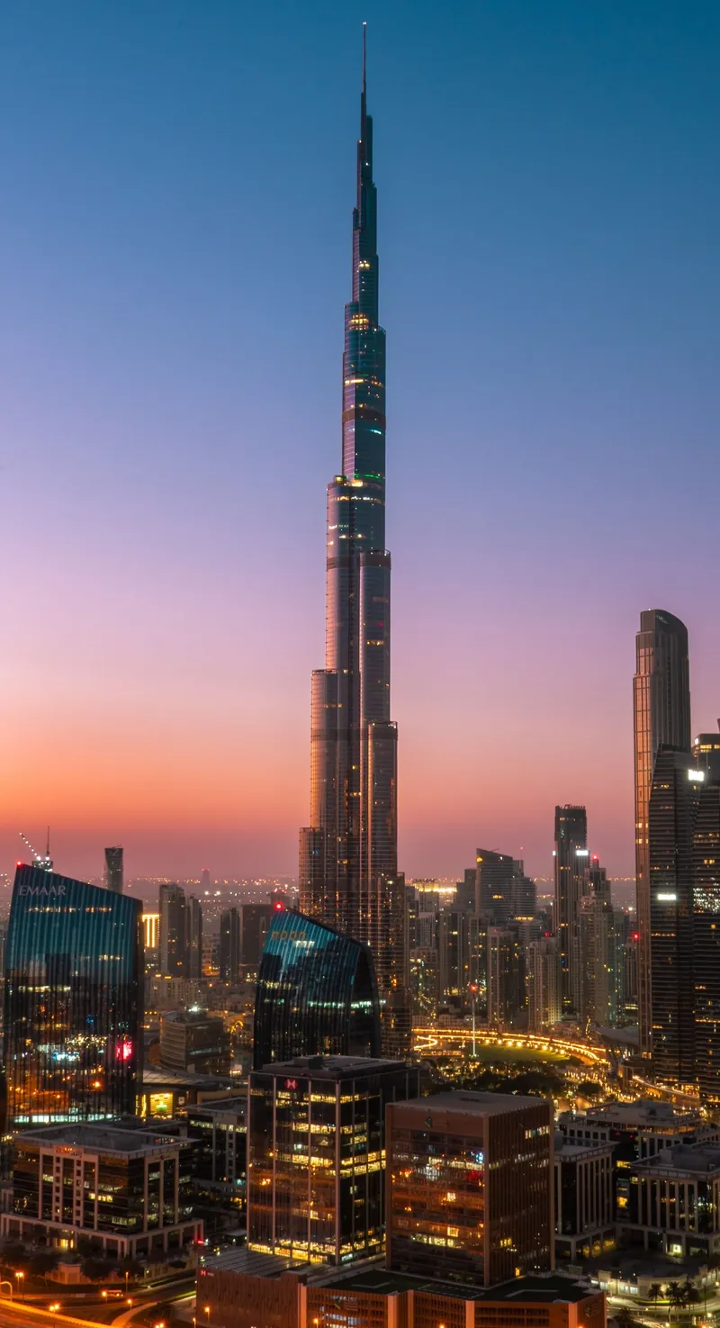 Burj Khalifa above Dubai at dusk