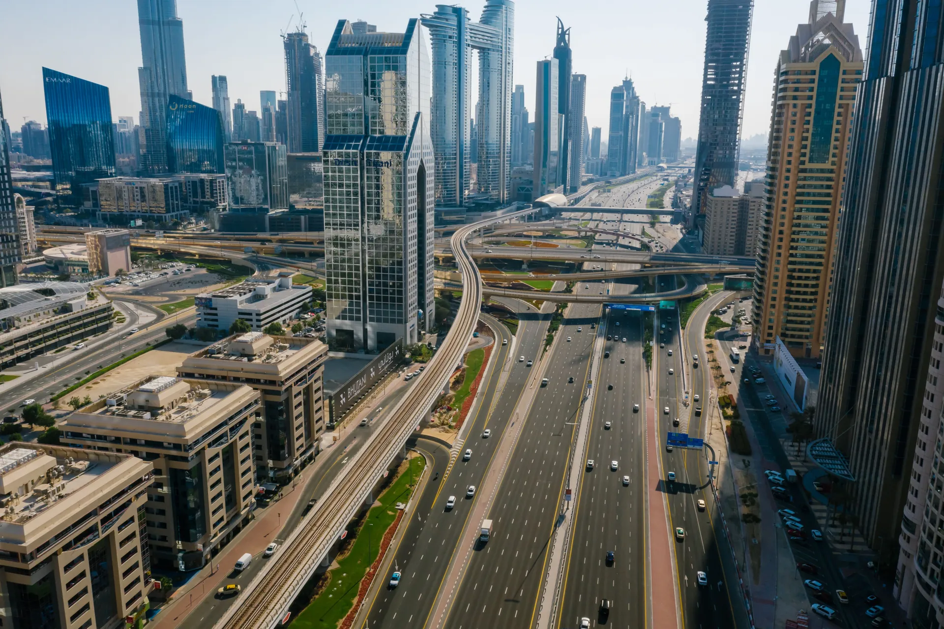 Sheikh Zayed Road and elevated transport tracks among Dubai skyscrapers